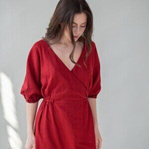 Red linen dress, puff sleeve made in Ukraine